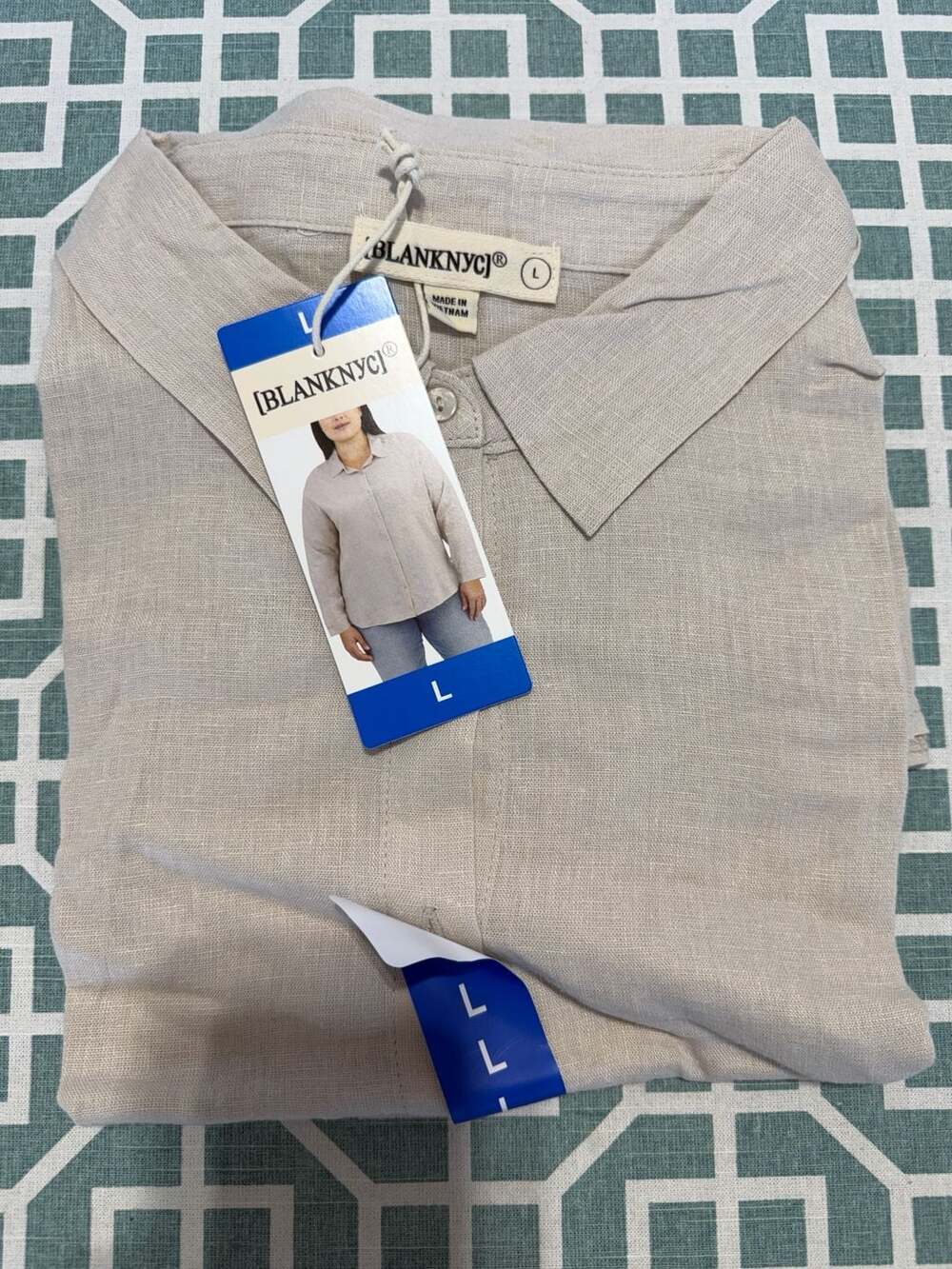 BLANK NYC  women's long sleeve button-down tan linen shirt
